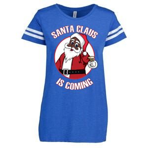 Christmas African American Santa Claus Is Coming Gift Enza Ladies Jersey Football T-Shirt