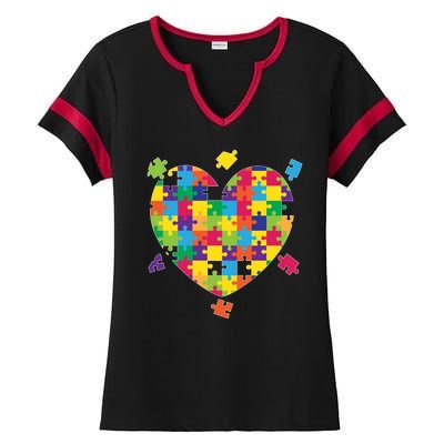 Cute Autism Awareness Rainbow Puzzle Pieces Heart Ladies Halftime Notch Neck Tee