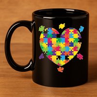 Cute Autism Awareness Rainbow Puzzle Pieces Heart 11oz C Handle Ceramic Mug