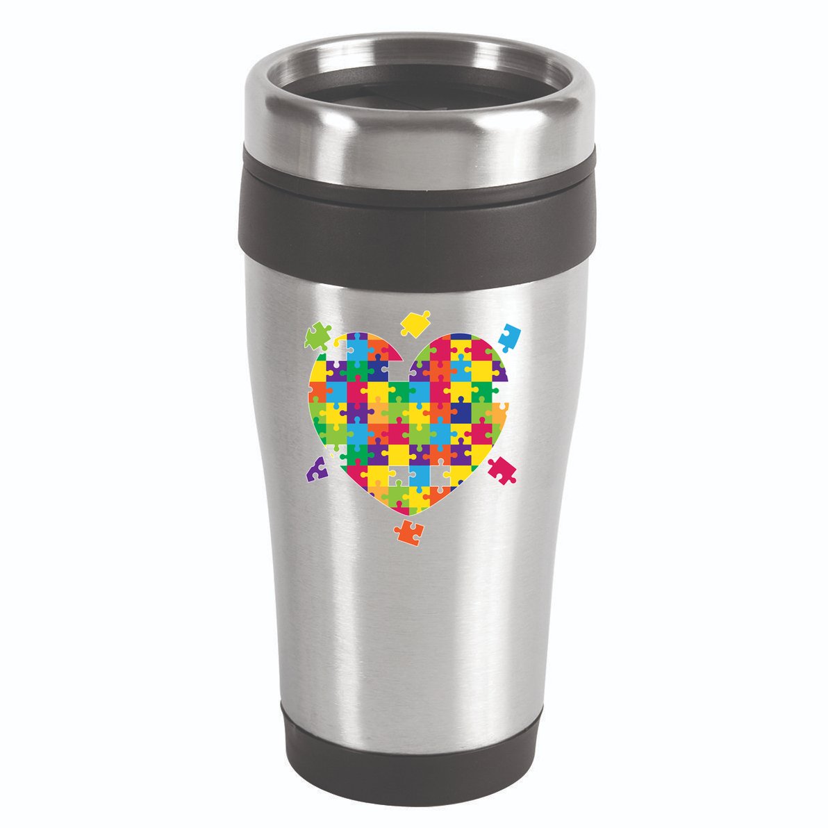 Cute Autism Awareness Rainbow Puzzle Pieces Heart 16oz Travel Tumbler