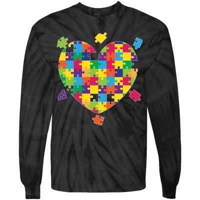 Cute Autism Awareness Rainbow Puzzle Pieces Heart Tie-Dye Long Sleeve Shirt