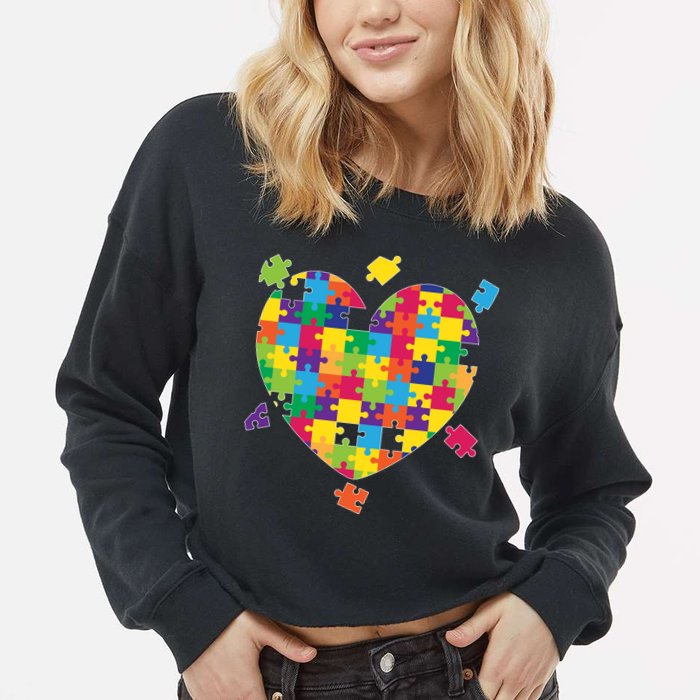 Cute Autism Awareness Rainbow Puzzle Pieces Heart Cropped Pullover Crew