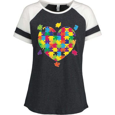 Cute Autism Awareness Rainbow Puzzle Pieces Heart Enza Ladies Jersey Colorblock Tee