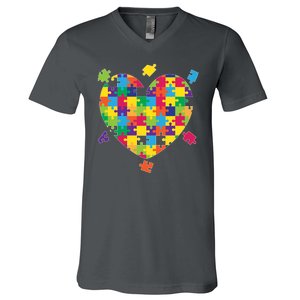 Cute Autism Awareness Rainbow Puzzle Pieces Heart V-Neck T-Shirt