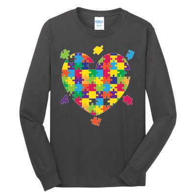 Cute Autism Awareness Rainbow Puzzle Pieces Heart Tall Long Sleeve T-Shirt