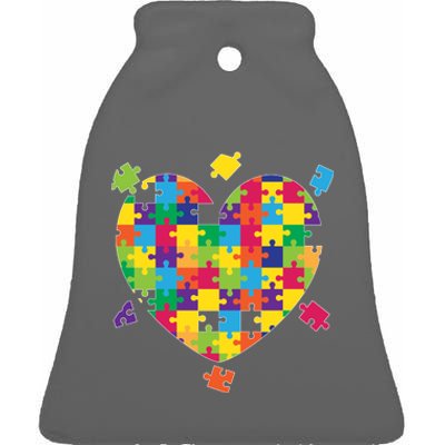 Cute Autism Awareness Rainbow Puzzle Pieces Heart Ceramic Bell Ornament