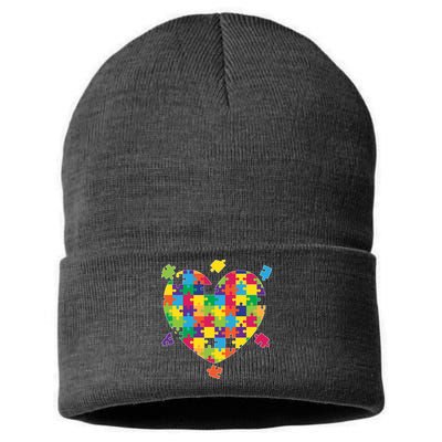 Cute Autism Awareness Rainbow Puzzle Pieces Heart Sustainable Knit Beanie