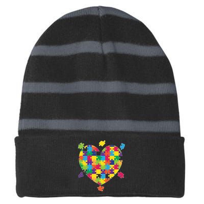 Cute Autism Awareness Rainbow Puzzle Pieces Heart Striped Beanie with Solid Band