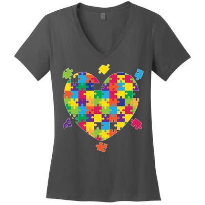 Cute Autism Awareness Rainbow Puzzle Pieces Heart Women's V-Neck T-Shirt