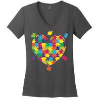 Cute Autism Awareness Rainbow Puzzle Pieces Heart Women's V-Neck T-Shirt