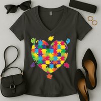 Cute Autism Awareness Rainbow Puzzle Pieces Heart Women's V-Neck T-Shirt