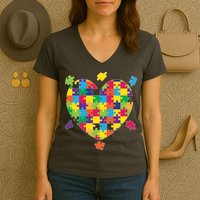 Cute Autism Awareness Rainbow Puzzle Pieces Heart Women's V-Neck T-Shirt