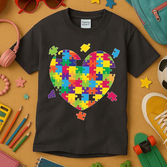 Cute Autism Awareness Rainbow Puzzle Pieces Heart Kids T-Shirt