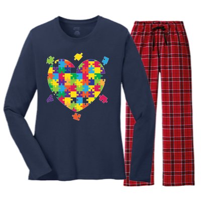 Cute Autism Awareness Rainbow Puzzle Pieces Heart Women's Long Sleeve Flannel Pajama Set 