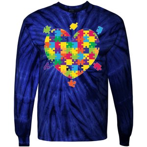 Cute Autism Awareness Rainbow Puzzle Pieces Heart Tie-Dye Long Sleeve Shirt