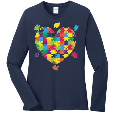 Cute Autism Awareness Rainbow Puzzle Pieces Heart Ladies Long Sleeve Shirt