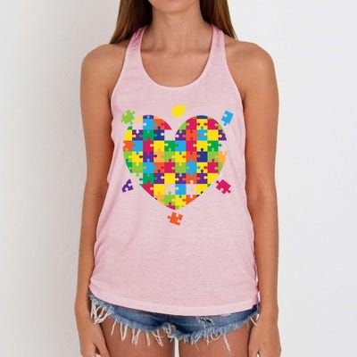 Cute Autism Awareness Rainbow Puzzle Pieces Heart Women's Knotted Racerback Tank