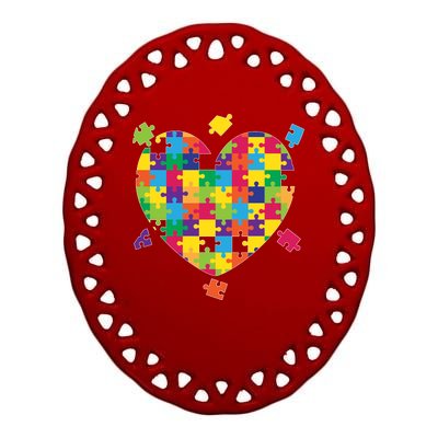 Cute Autism Awareness Rainbow Puzzle Pieces Heart Ceramic Oval Ornament