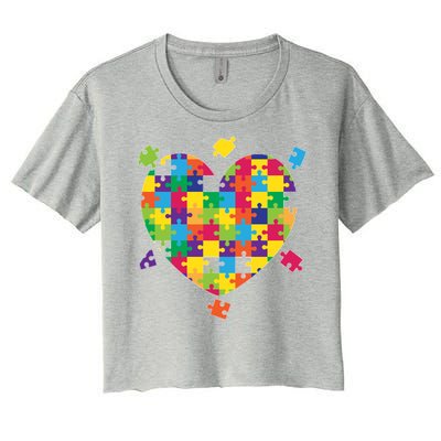 Cute Autism Awareness Rainbow Puzzle Pieces Heart Women's Crop Top Tee