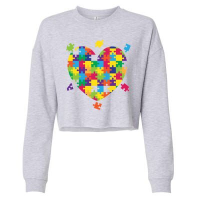 Cute Autism Awareness Rainbow Puzzle Pieces Heart Cropped Pullover Crew