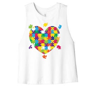 Cute Autism Awareness Rainbow Puzzle Pieces Heart Women's Racerback Cropped Tank