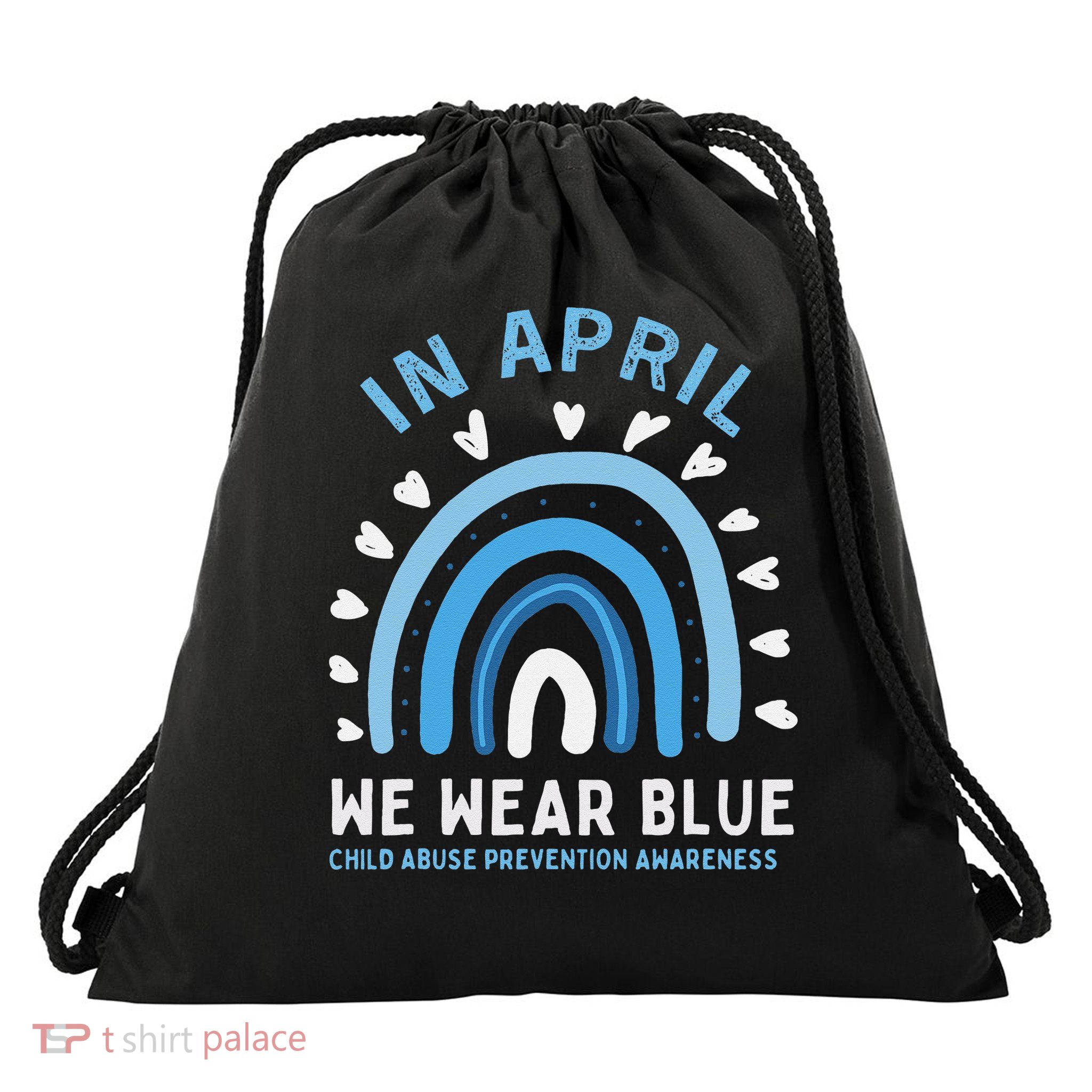Child abuse awareness In April we wear Bleu Rainbow Drawstring Bag