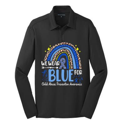 Child Abuse Awareness Blue Ribbon Trex Dinosaur Silk Touch Performance Long Sleeve Polo