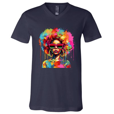 Colorful Art Black Queen Afro Melanin Dripping Juneteenth V-Neck T-Shirt