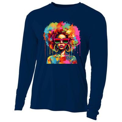 Colorful Art Black Queen Afro Melanin Dripping Juneteenth Cooling Performance Long Sleeve Crew