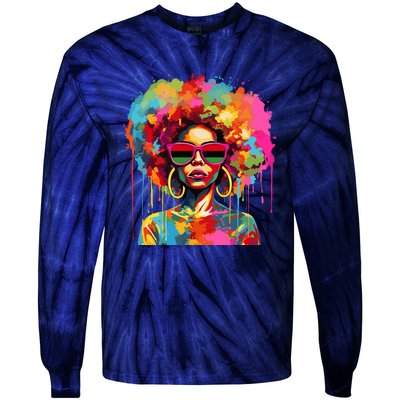 Colorful Art Black Queen Afro Melanin Dripping Juneteenth Tie-Dye Long Sleeve Shirt