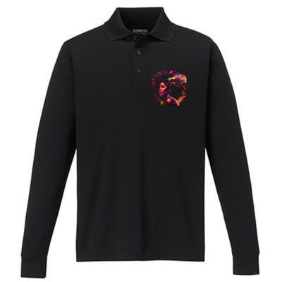 Colorful Art Black Queen Afro Melanin Dripping Junenth Performance Long Sleeve Polo