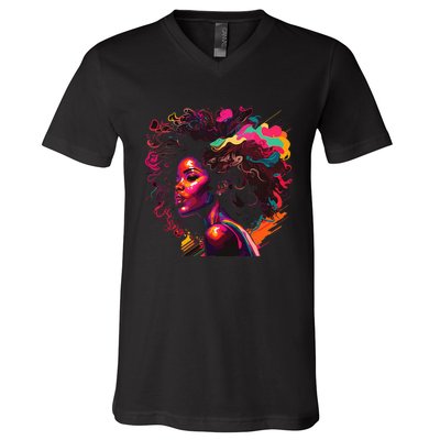 Colorful Art Black Queen Afro Melanin Dripping Junenth V-Neck T-Shirt