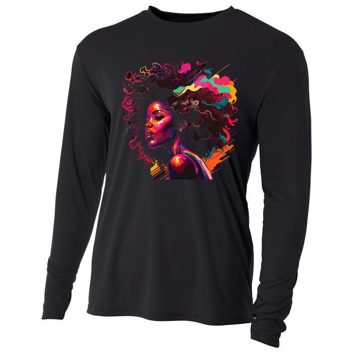 Colorful Art Black Queen Afro Melanin Dripping Junenth Cooling Performance Long Sleeve Crew