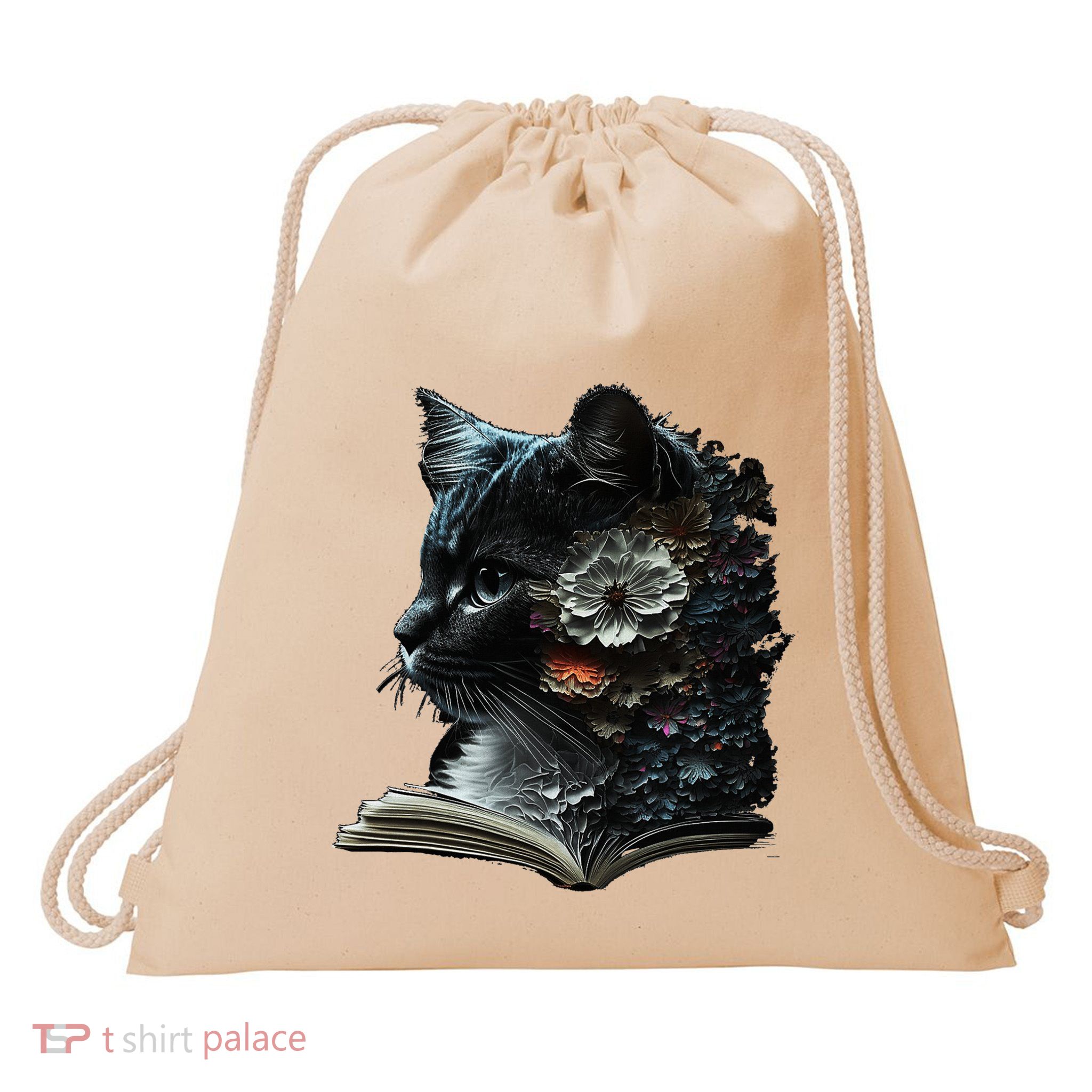 Cat Art Book Cat Motif Flowers Cat Drawstring Bag