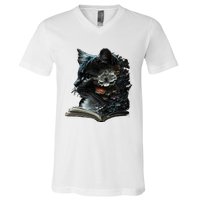 Cat Art Book Cat Motif Flowers Cat V-Neck T-Shirt