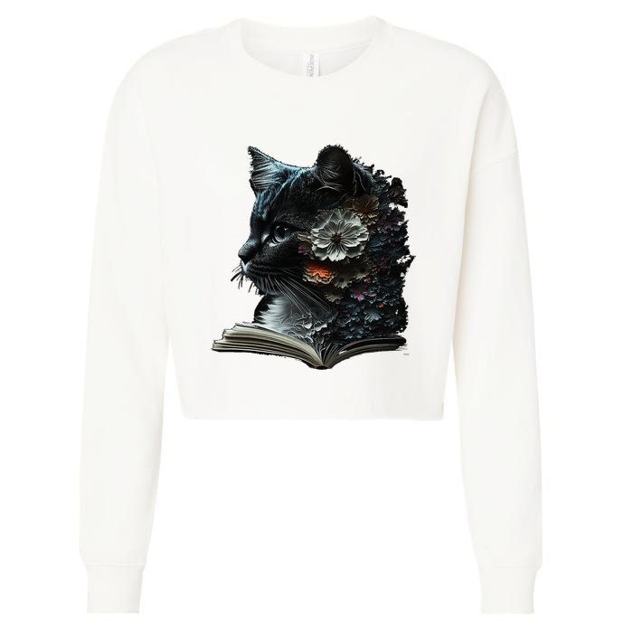 Cat Art Book Cat Motif Flowers Cat Cropped Pullover Crew