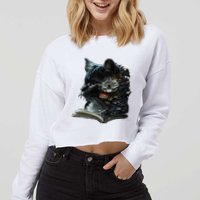 Cat Art Book Cat Motif Flowers Cat Cropped Pullover Crew