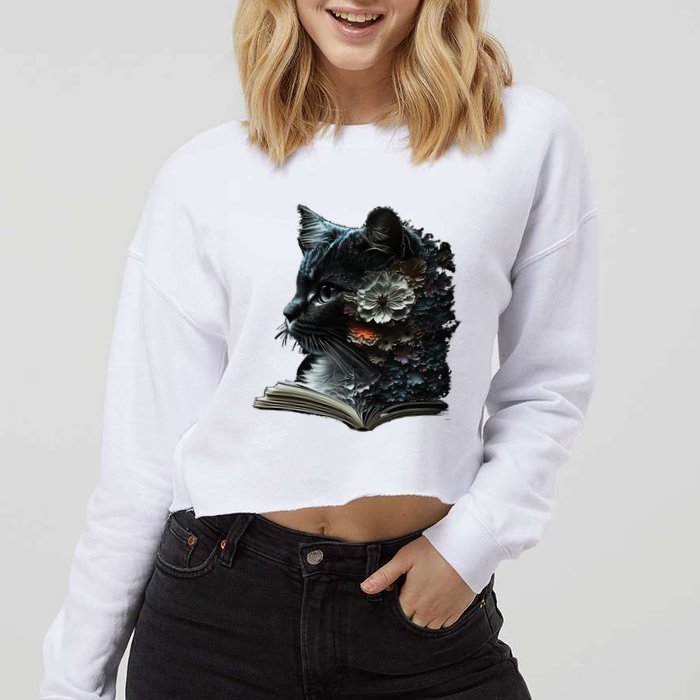 Cat Art Book Cat Motif Flowers Cat Cropped Pullover Crew