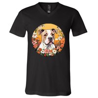 Cute American Bulldog Mountain Flower Meadow Dog Mom V-Neck T-Shirt