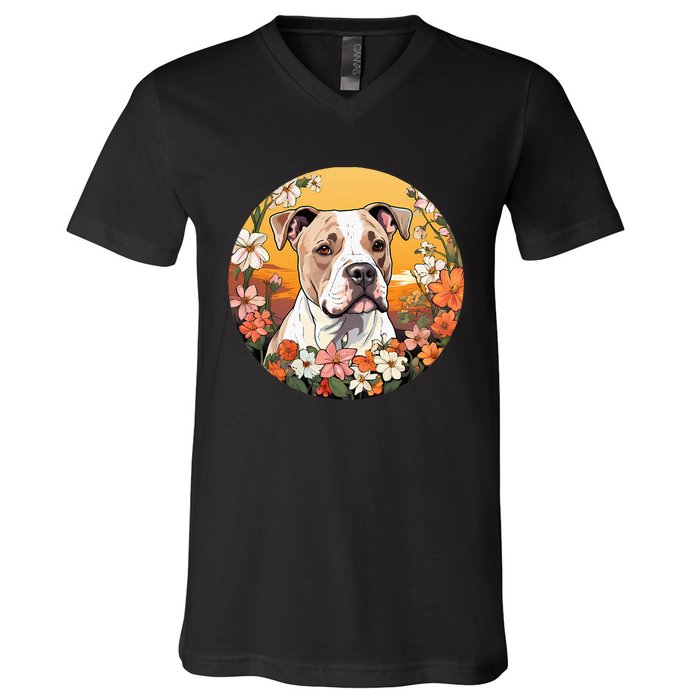 Cute American Bulldog Mountain Flower Meadow Dog Mom V-Neck T-Shirt