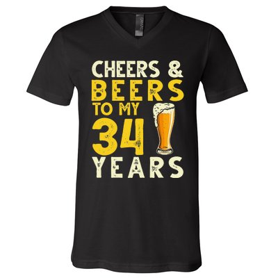 Cheers And Beers To My 34 Years Old Funny 34th Birthday Gift V-Neck T-Shirt