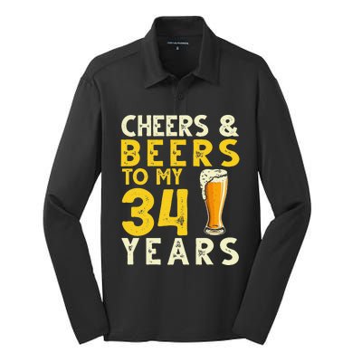 Cheers And Beers To My 34 Years Old Funny 34th Birthday Gift Silk Touch Performance Long Sleeve Polo