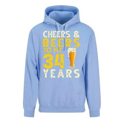 Cheers And Beers To My 34 Years Old Funny 34th Birthday Gift Unisex Surf Hoodie