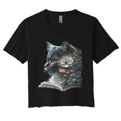 Cat Art Book Cat Motif Flowers Cat Women's Crop Top Tee