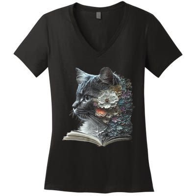 Cat Art Book Cat Motif Flowers Cat Women's V-Neck T-Shirt