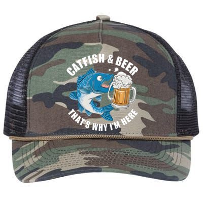 Catfish And Beer ThatS Why I Am Here Fishing Fish Outfit Meaningful Gift Retro Rope Trucker Hat Cap