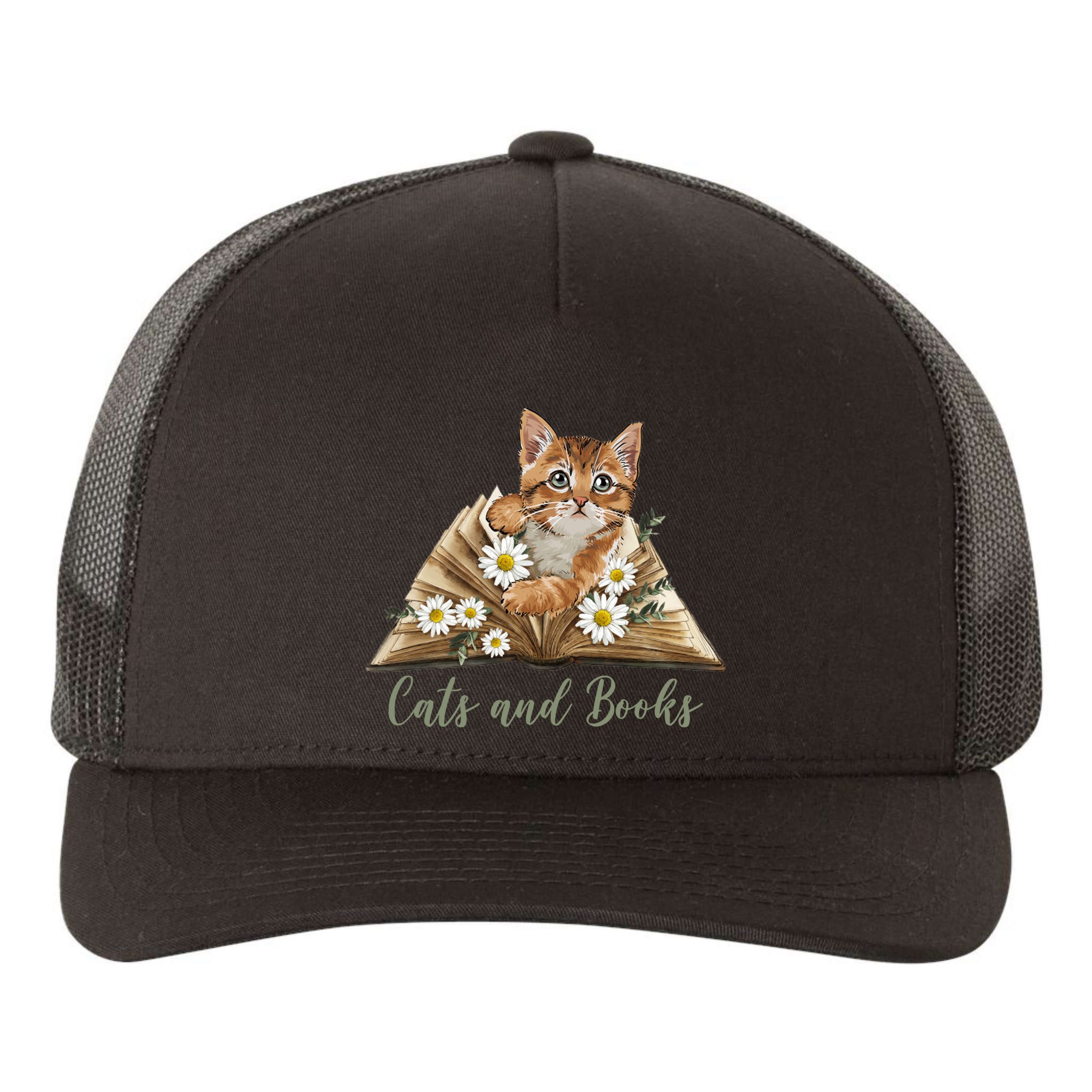 Cats And Books Floral Cute Yupoong Adult 5-Panel Trucker Hat