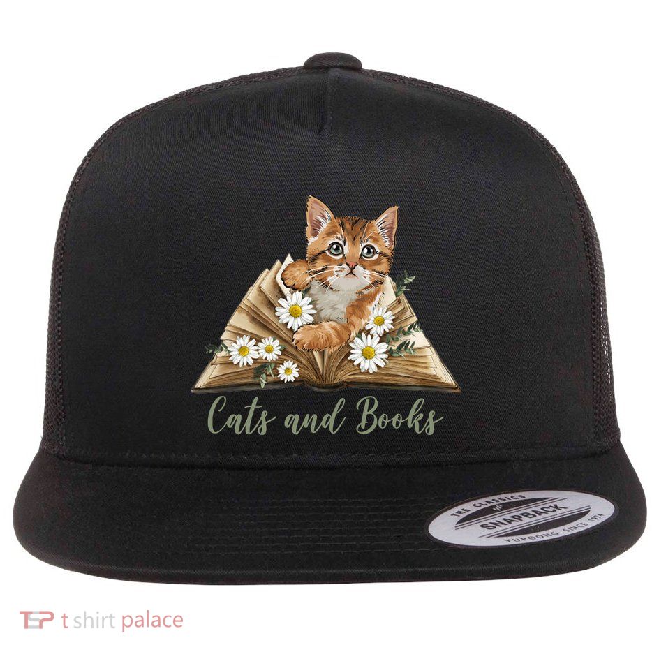 Cats And Books Floral Cute Flat Bill Trucker Hat