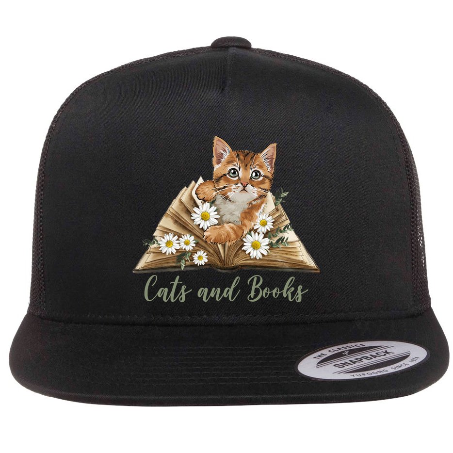 Cats And Books Floral Cute Flat Bill Trucker Hat