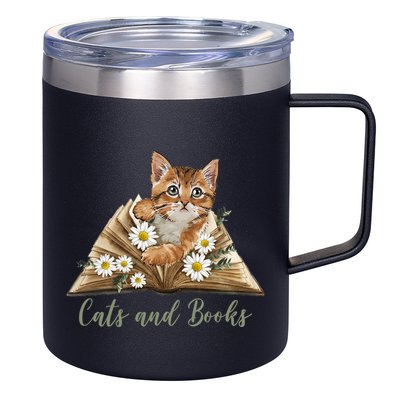 Cats And Books Floral Cute 12oz Stainless Steel Coffee Mug